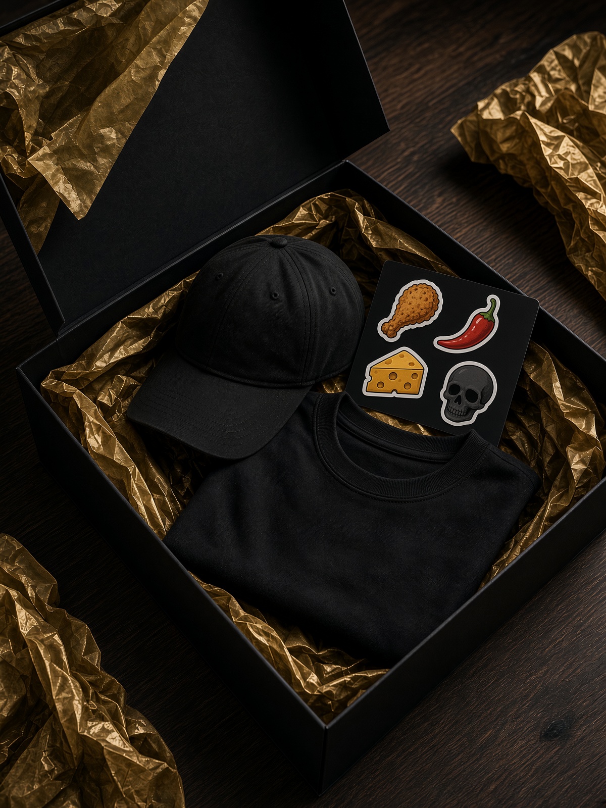 Boîte noire ouverte avec t-shirt, casquette et stickers