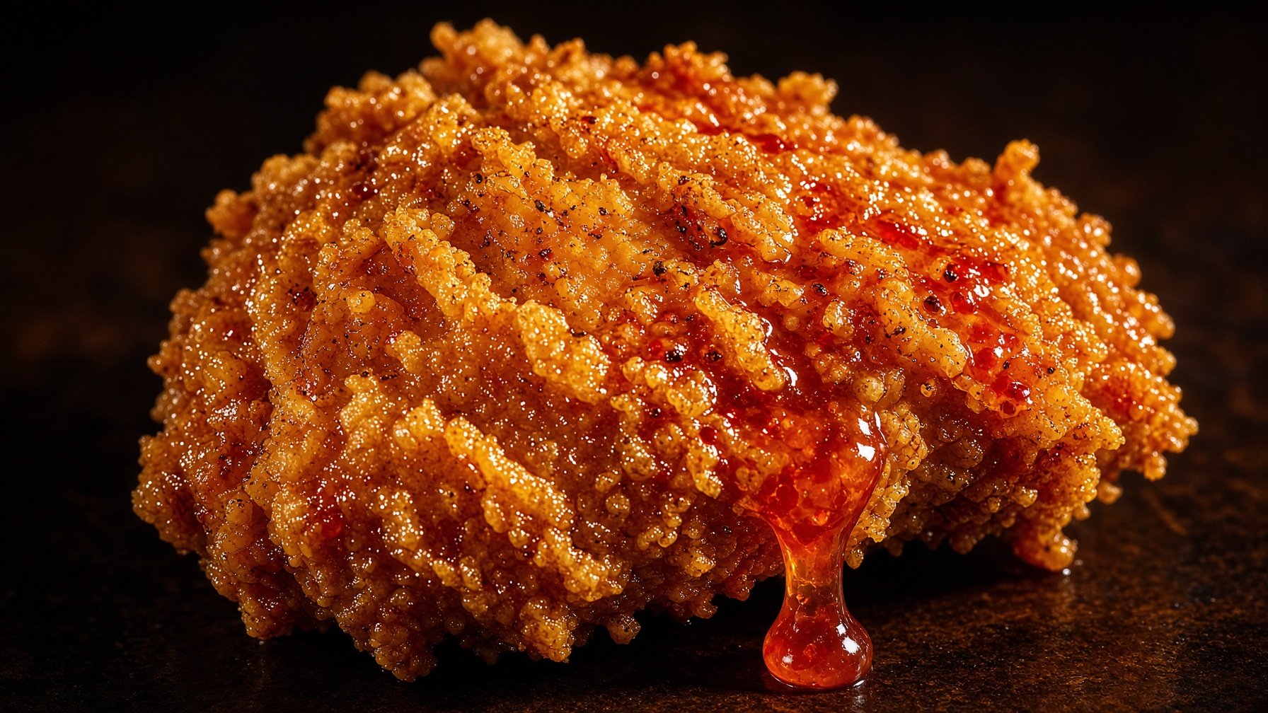 Gros plan d'une croûte de poulet frit, sauce qui perle