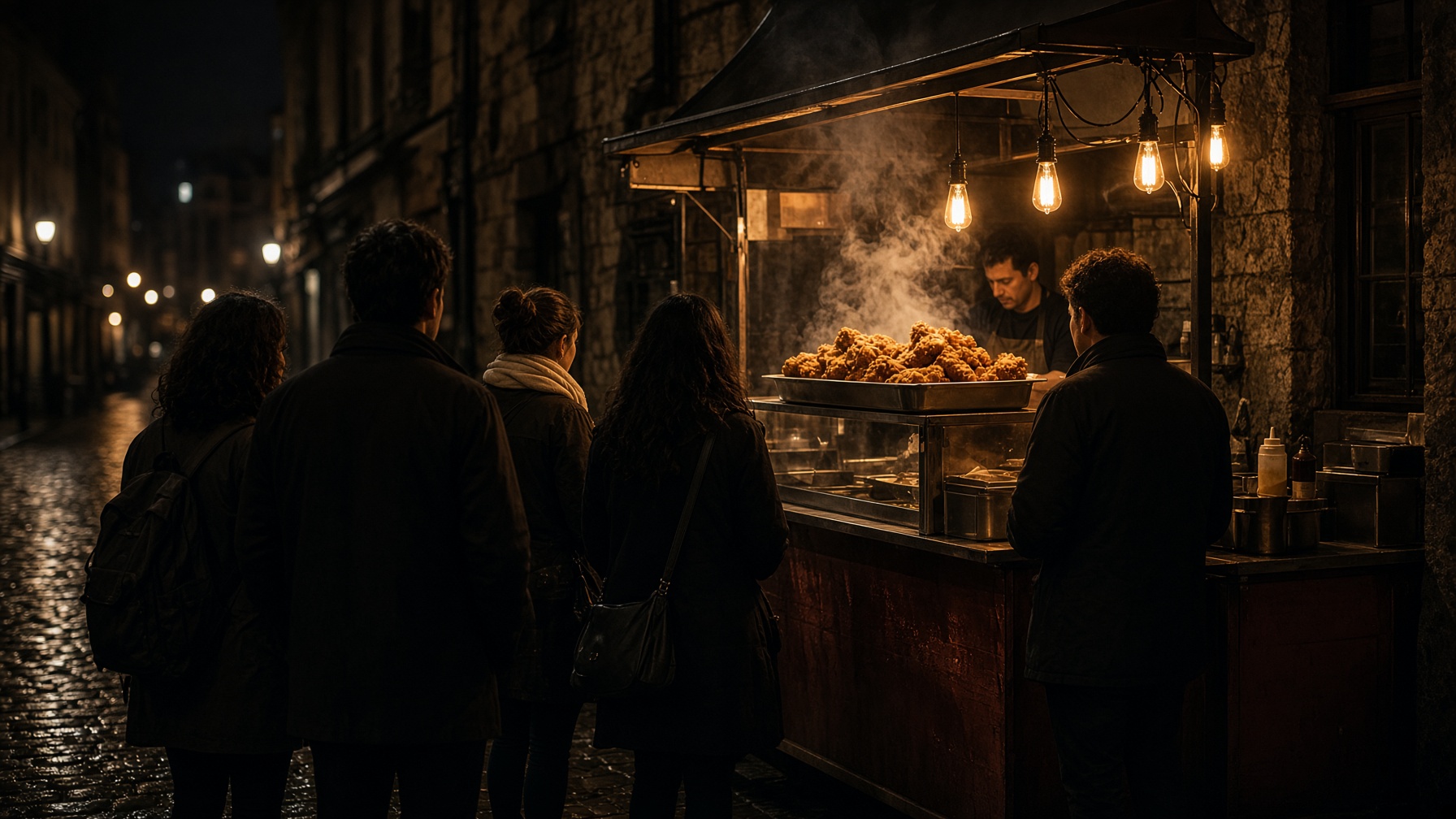 File d'attente devant un comptoir de poulet frit, la nuit